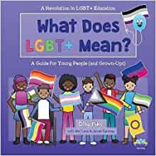 A purple book cover with six children holding non binary, panseuxal, genderqueer, lesbian, transgender, progress, bisexual, aromantic and intersex flags and a blue balloon holding the asexual flag.