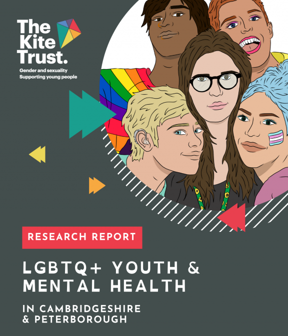 The report cover. Mostly grey and includes an illustration of a diverse group of LGBTQ+ young people in a circle in the top right.