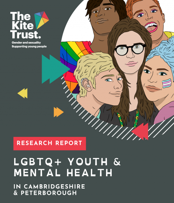 The report cover. Mostly grey and includes an illustration of a diverse group of LGBTQ+ young people in a circle in the top right. 