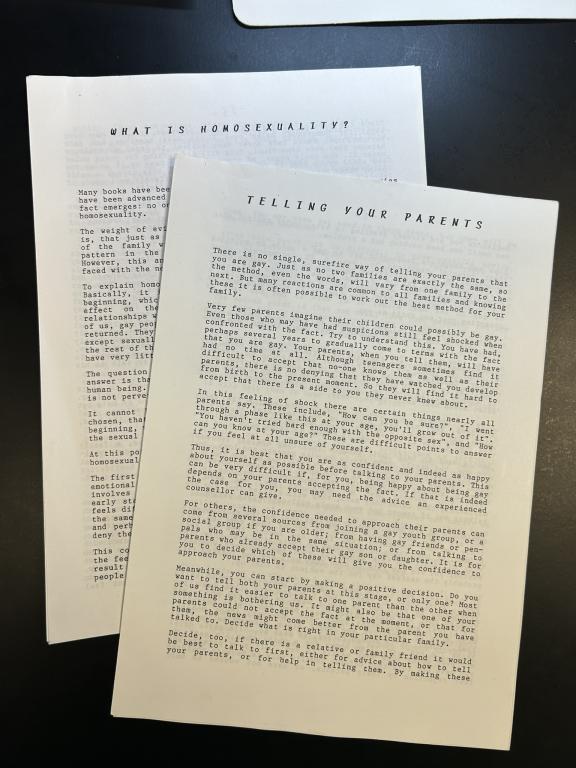 A picture of two pamphlets. One is titled "Telling your Parents" and the other is "What is Homosexuality?"