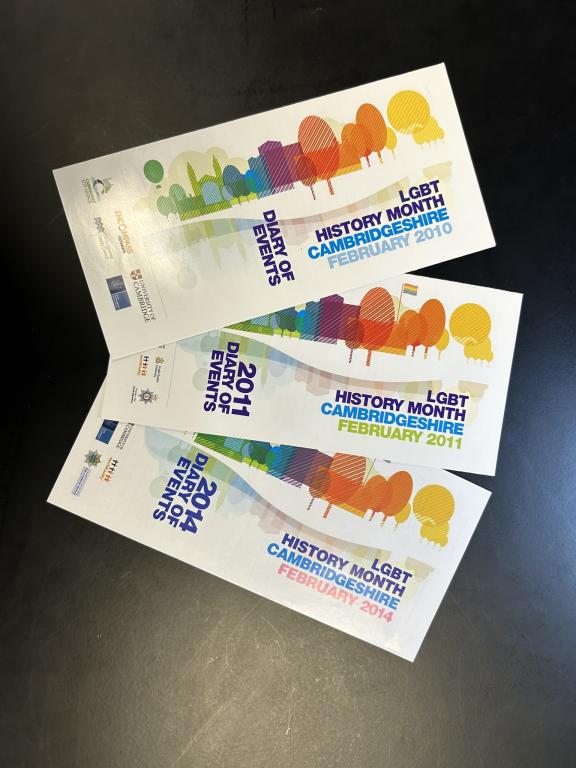 Image shows three identical leaflets. Text reads "LGBTQ History Month Cambridgeshire