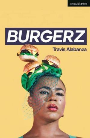travis has a facisnator of 3 burgers and a green net across half of their face. The book has a yellow cover with BURGERZ written in white capitals in a purple box. 