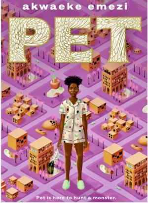  illustration of a young black teenager in her pyjamas standing within a city with a purple floor and the buildings are made of beige bricks. 