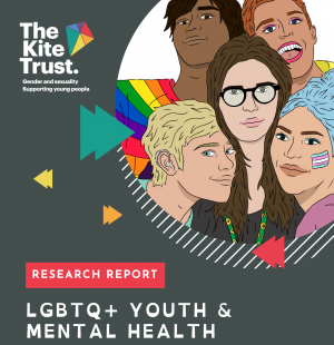 The report cover. Mostly grey and includes an illustration of a diverse group of LGBTQ+ young people in a circle in the top right. 