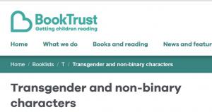 booktrust website logo is a teal heart with book trust in bold type beside it and the tag line: getting children reading beneath it. he title text for the preview image is Transgender and non-binary characters. 